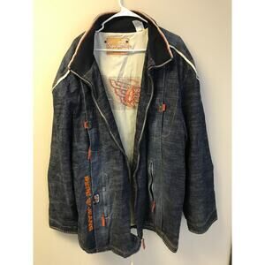 Vtg Pepe Jeans UK London Mens Sz 3XL Blue Jacket Denim Full Zip Textured Logo